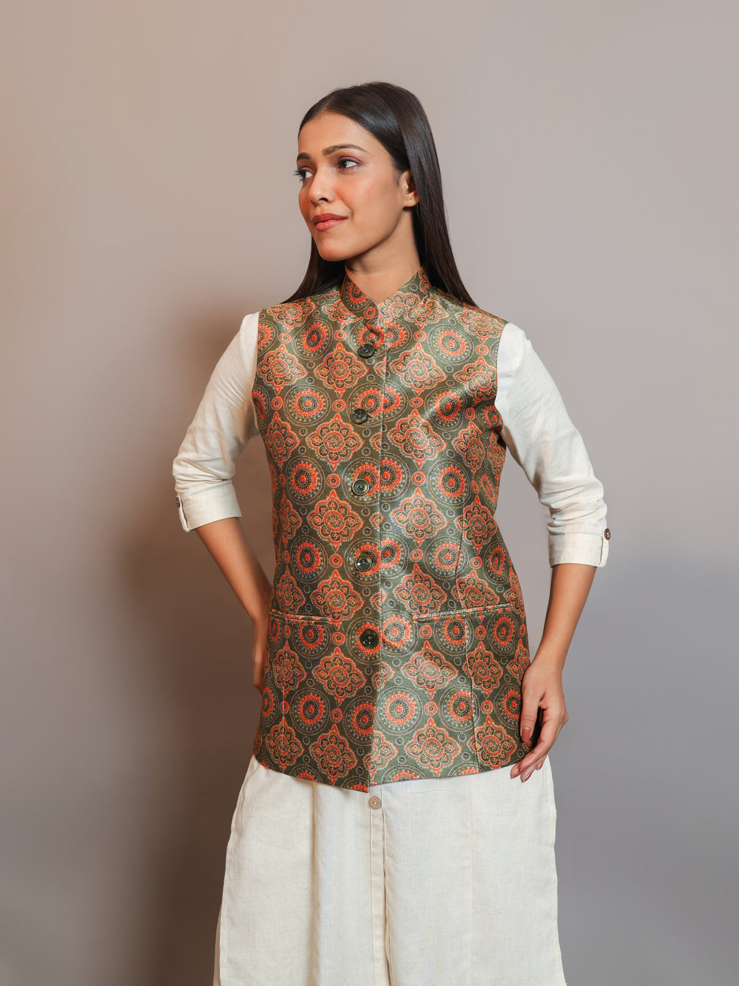 Digital Printed - Mango Silk Nehru Jacket Ladies Modi Jacket / Waistcoat