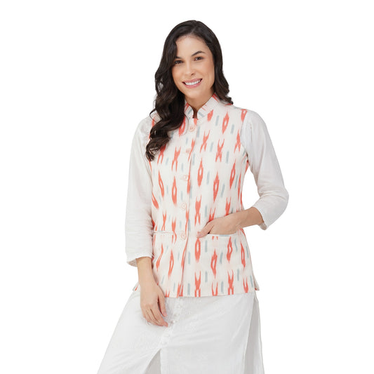 Ladies Modi Nehru Jacket / Waistcoat - Khadi Look in Mix Ikat Patterns Jacket