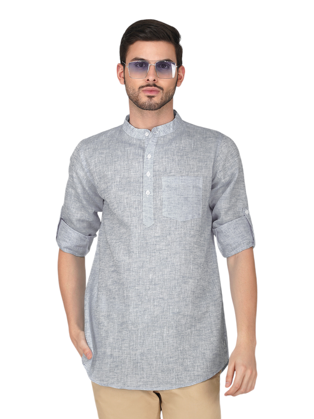 Vastraa Fusion Khadi Short Kurta For Men Casual Solid Pattern Short Kurta