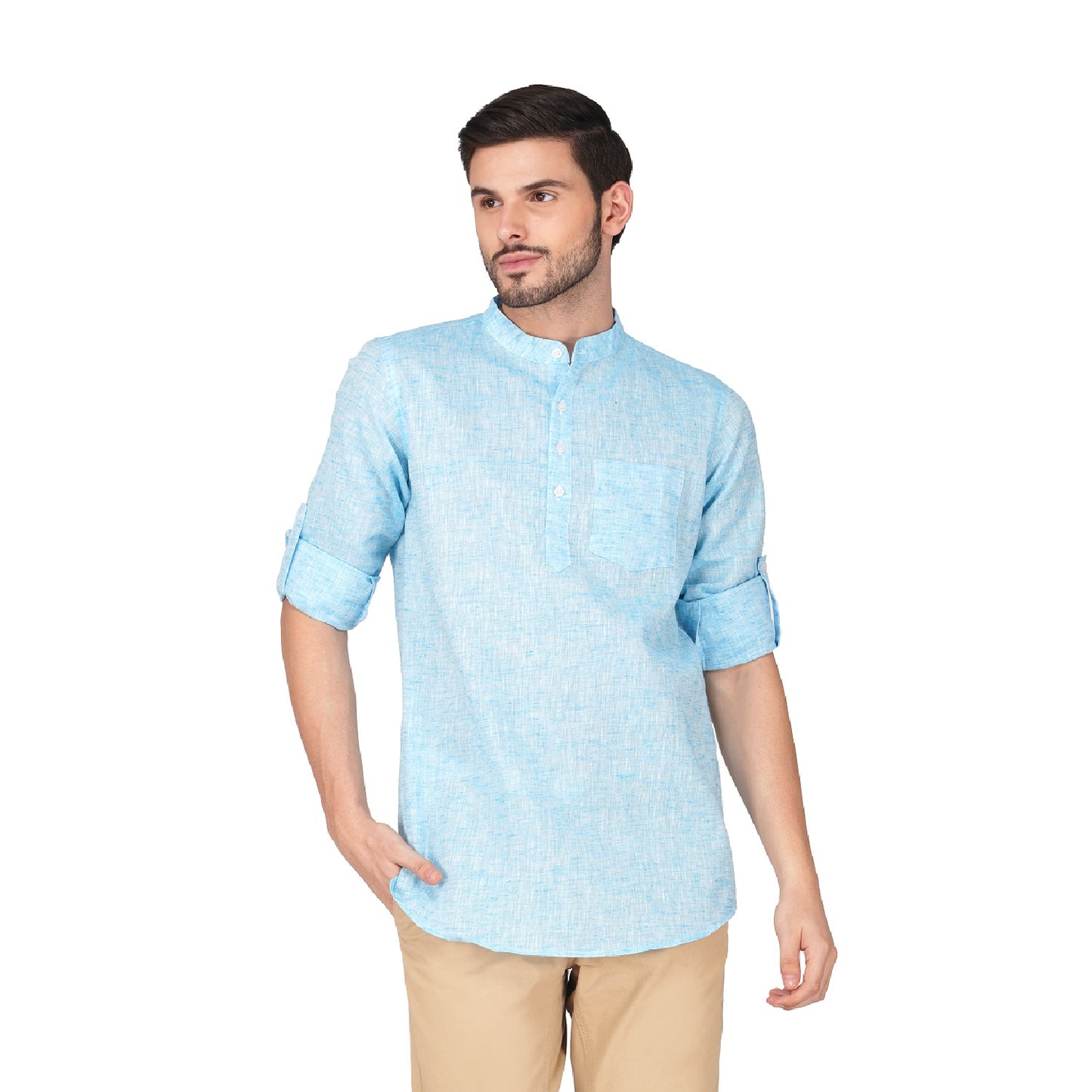 Vastraa Fusion Khadi Short Kurta For Men Casual Solid Pattern Short Kurta