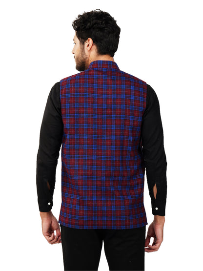 Vastraa Fusion Modi Jacket Waistcoat Checks Pattern Woolen Nehru Jacket