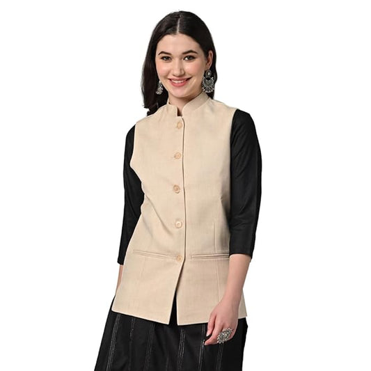 Vastraa Fusion Solid Indian Traditional Ethnic Waistcoat Festive Cotton Nehru Jacket for Women