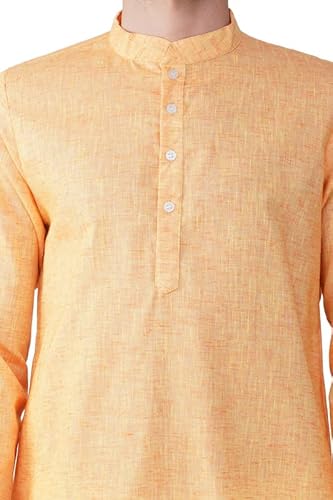 Vastraa Fusion Men's Textured Cotton Long Kurta Full Sleeves Casual Ethnic Wear Long Orange Kurta