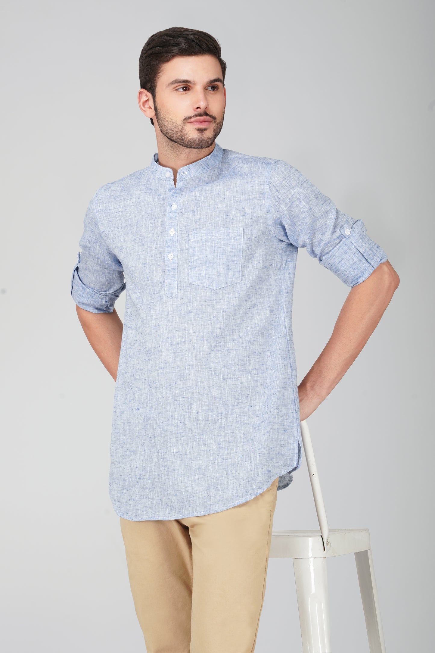 Vastraa Fusion Khadi Short Kurta For Men Casual Solid Pattern Short Kurta