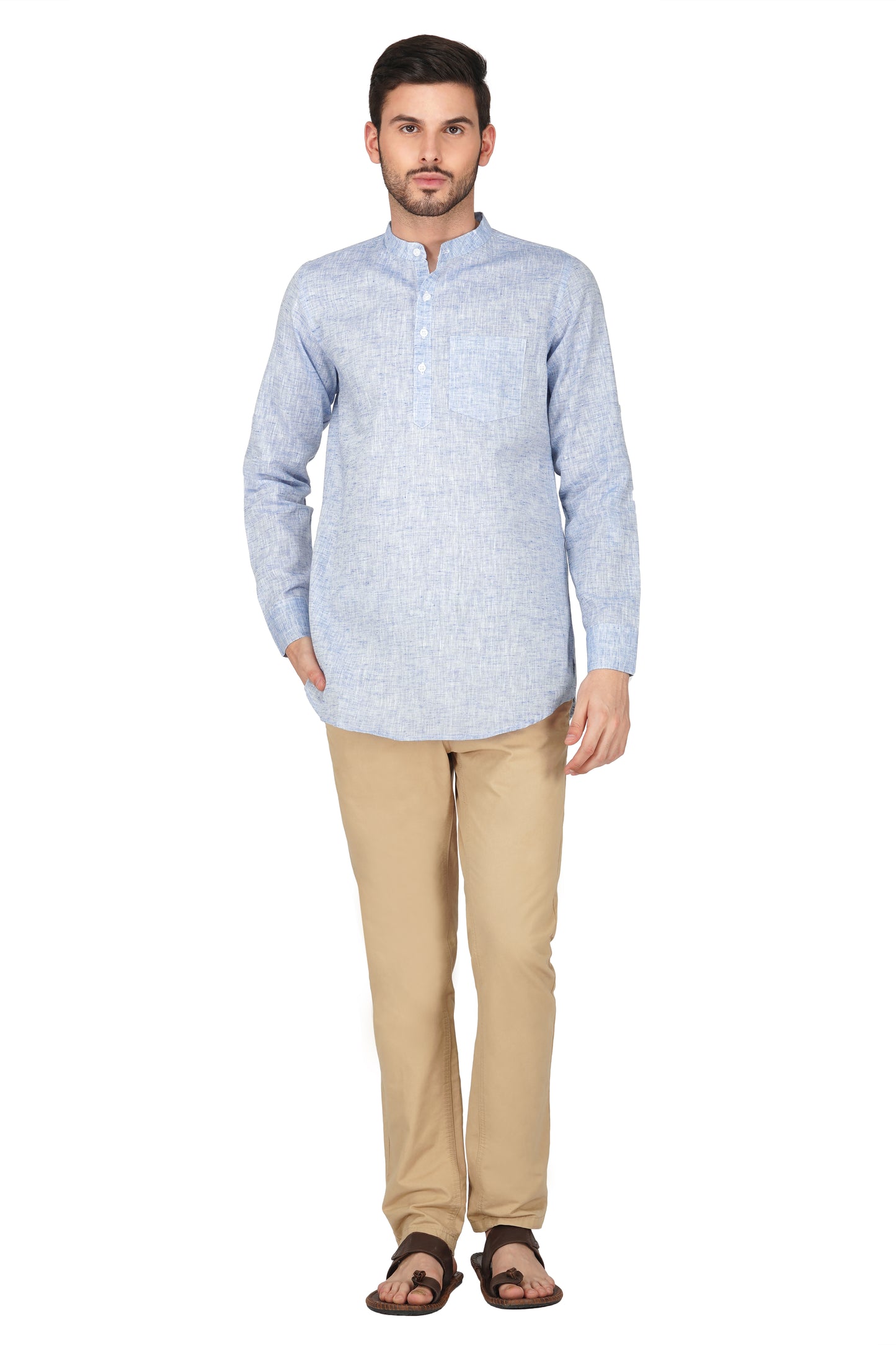 Vastraa Fusion Khadi Short Kurta For Men Casual Solid Pattern Short Kurta