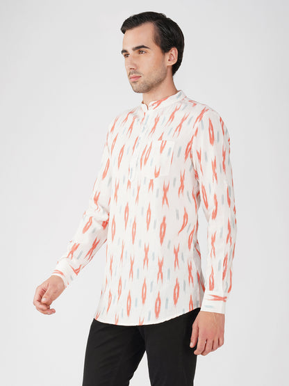 Vastraa Fusion Handloom Pure Cotton Ikat Printed Short Kurta for Men
