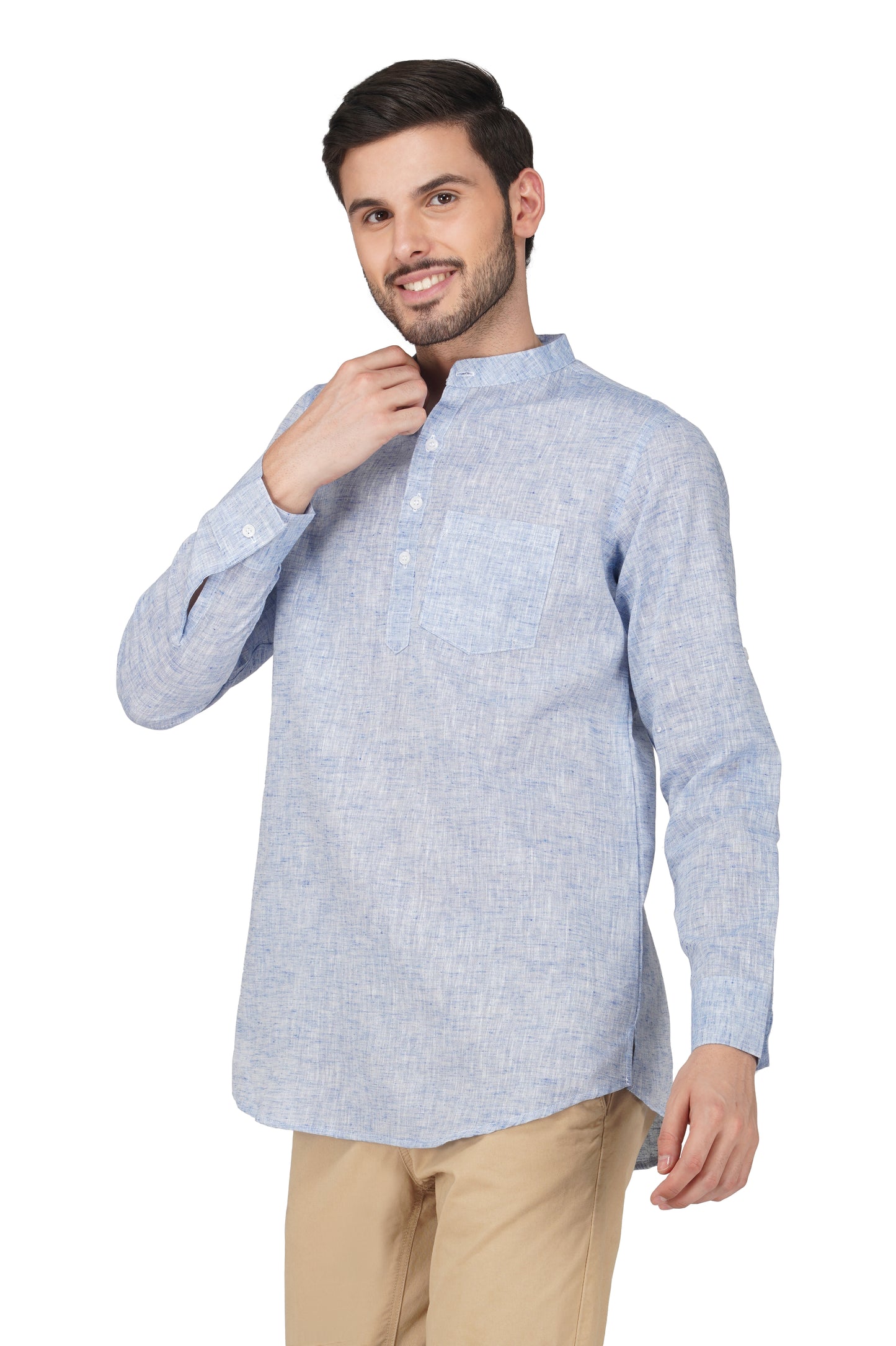 Vastraa Fusion Khadi Short Kurta For Men Casual Solid Pattern Short Kurta