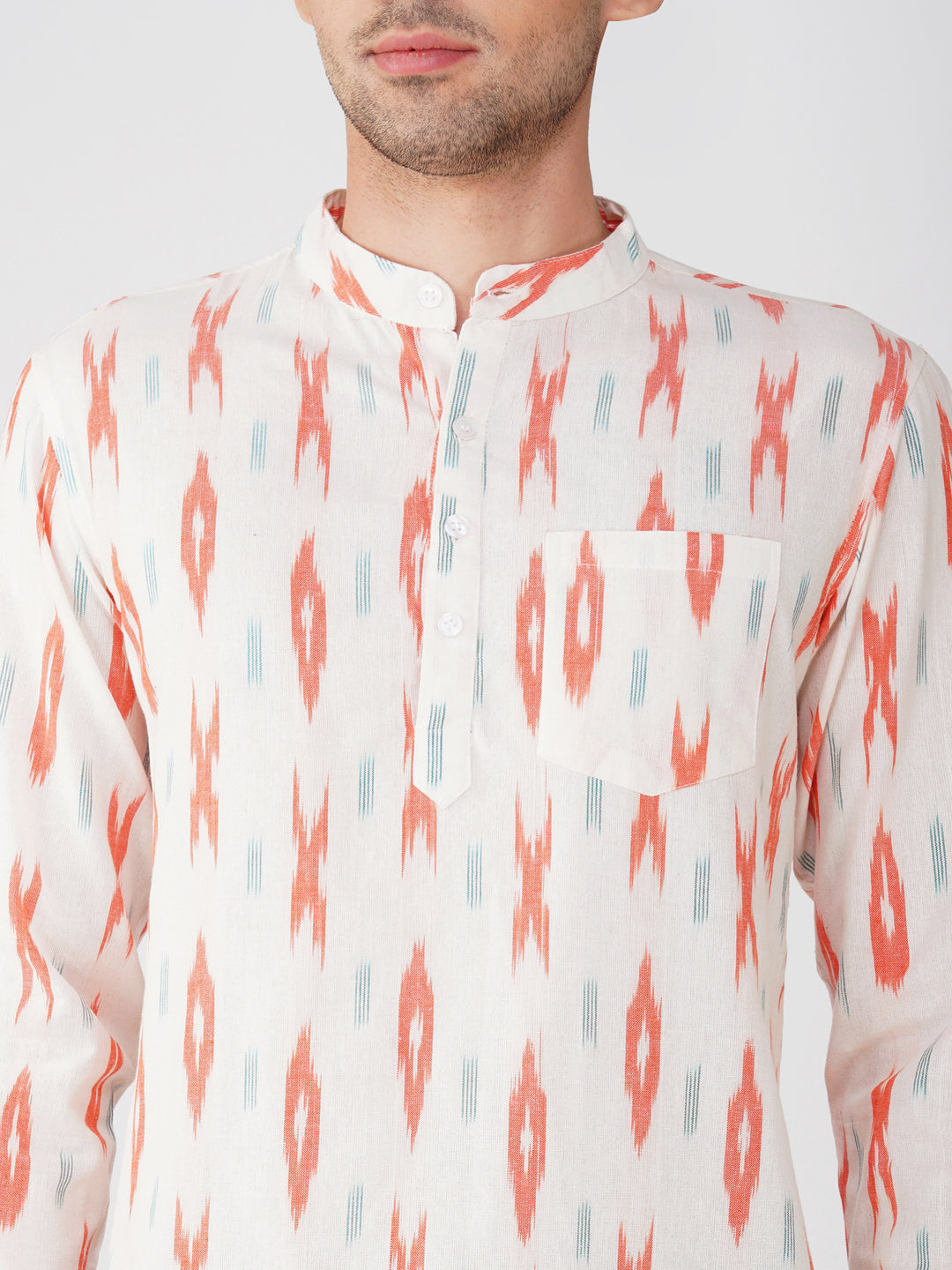 Vastraa Fusion Handloom Pure Cotton Ikat Printed Short Kurta for Men