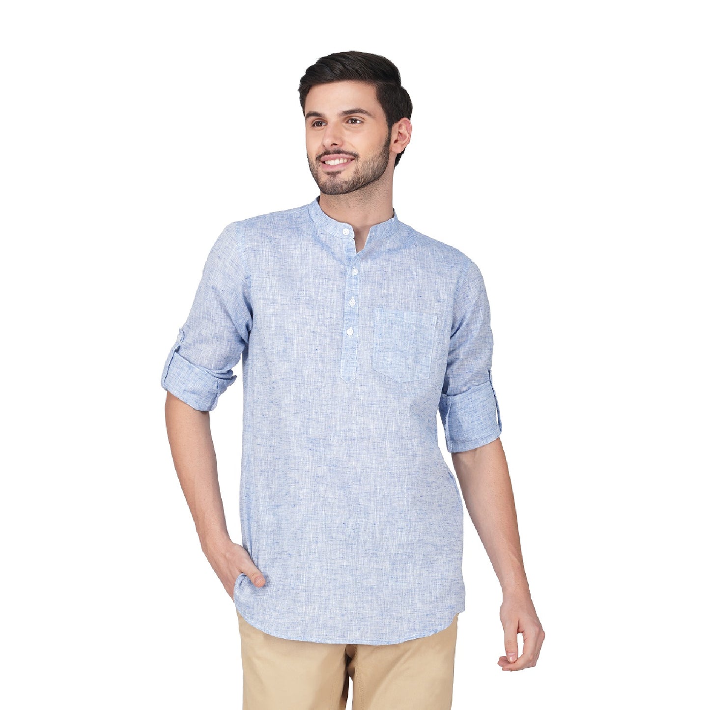 Vastraa Fusion Khadi Short Kurta For Men Casual Solid Pattern Short Kurta