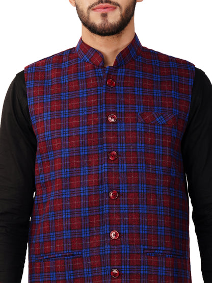 Vastraa Fusion Modi Jacket Waistcoat Checks Pattern Woolen Nehru Jacket