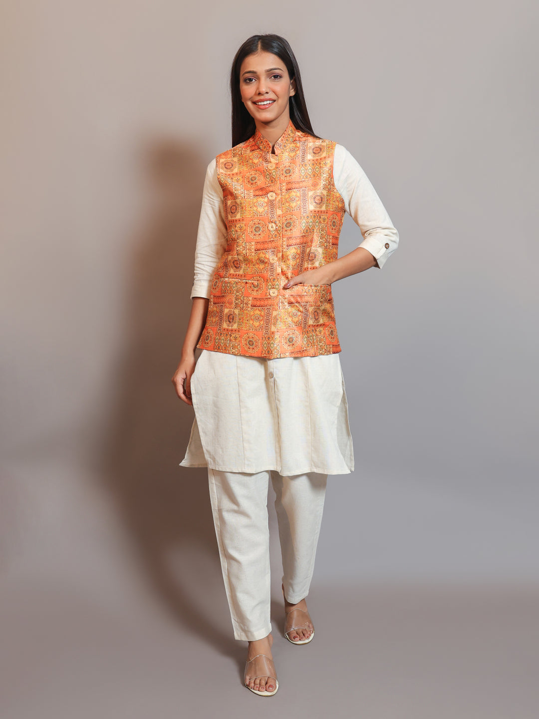 Digital Printed - Mango Silk Nehru Jacket Ladies Modi Jacket / Waistcoat