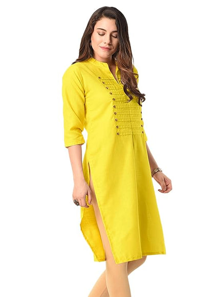 Vastraa Fusion Women's Khadi Yellow Casual Solid Both Side Button Cotton Kurti with Stitched Parallel Matching Stripes