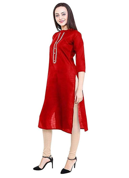 Vastraa Fusion Women Red Embroidered Straight Kurti