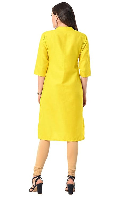 Vastraa Fusion Women's Khadi Yellow Casual Solid Both Side Button Cotton Kurti with Stitched Parallel Matching Stripes