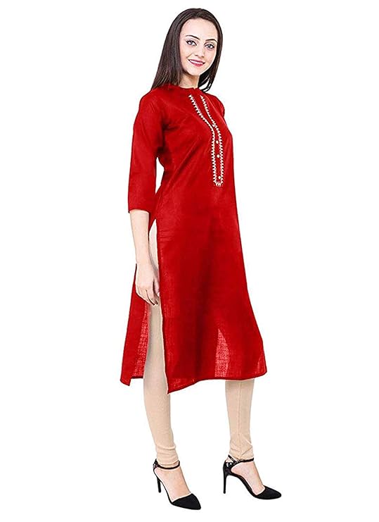 Vastraa Fusion Women Red Embroidered Straight Kurti