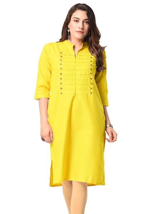 Vastraa Fusion Women's Khadi Yellow Casual Solid Both Side Button Cotton Kurti with Stitched Parallel Matching Stripes