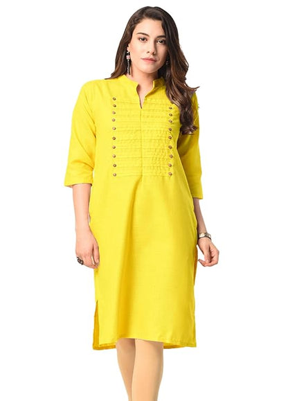 Vastraa Fusion Women's Khadi Yellow Casual Solid Both Side Button Cotton Kurti with Stitched Parallel Matching Stripes