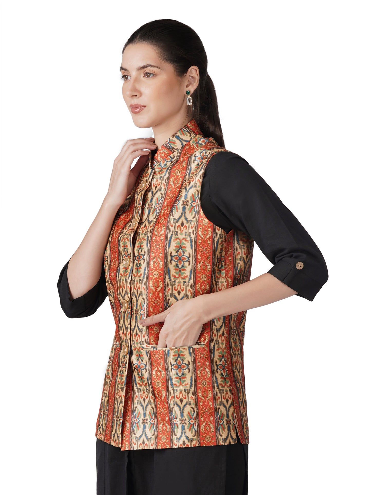 Digital Printed - Mango Silk Nehru Jacket Ladies Modi Jacket / Waistcoat