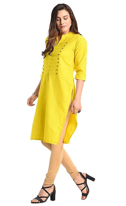 Vastraa Fusion Women's Khadi Yellow Casual Solid Both Side Button Cotton Kurti with Stitched Parallel Matching Stripes