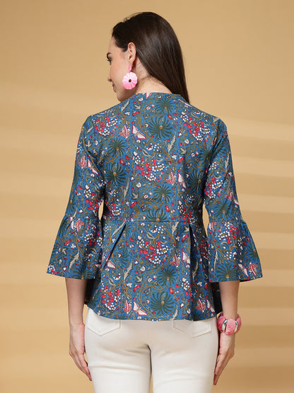 Vastraa Fusion Women Pure Cotton Printed Peplum Top with 3/4 Sleeves & V-Neck for Casual & Office Wear