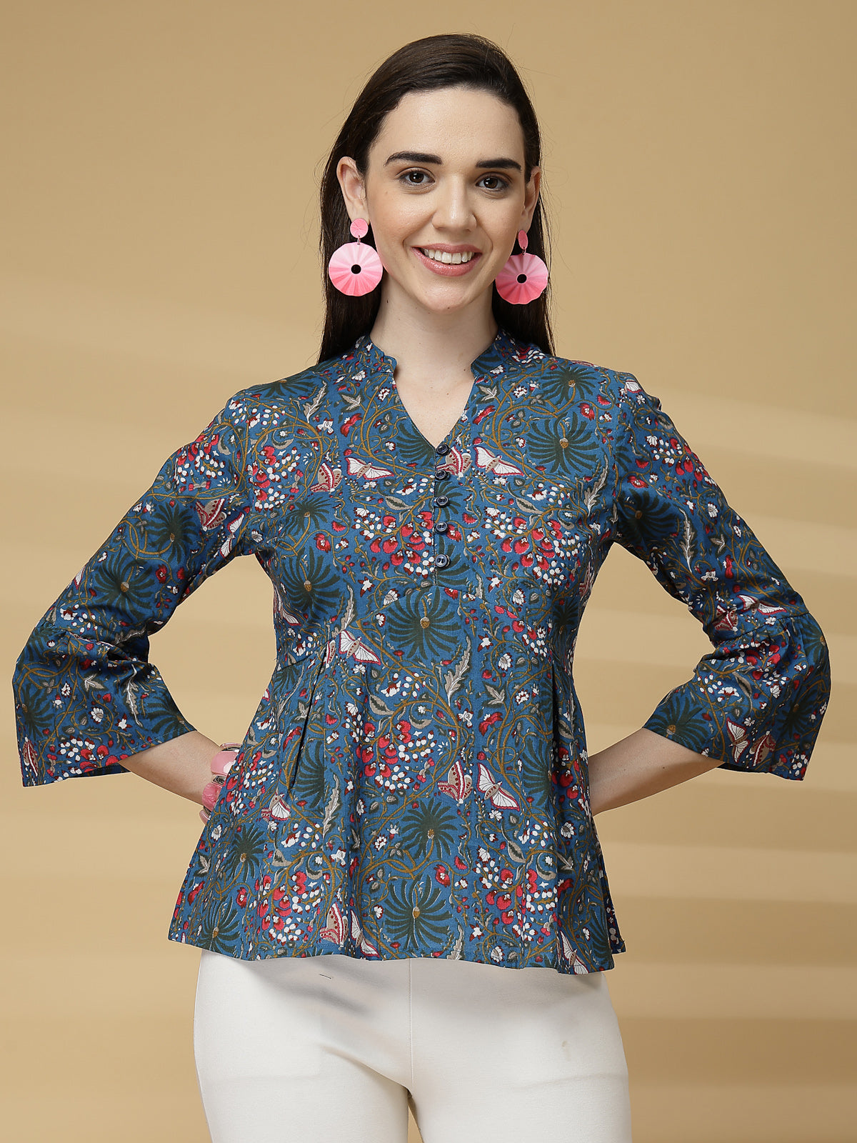 Vastraa Fusion Women Pure Cotton Printed Peplum Top with 3/4 Sleeves & V-Neck for Casual & Office Wear