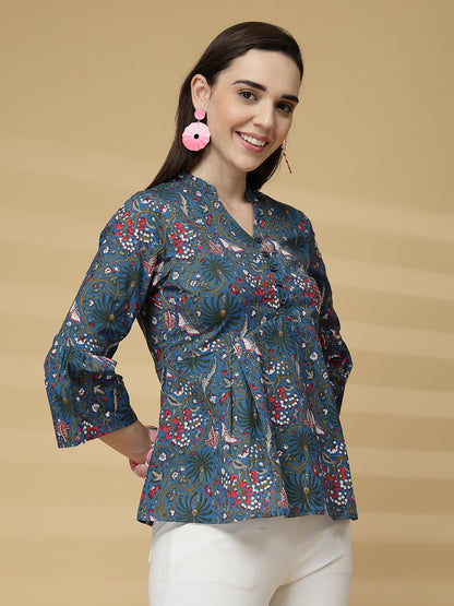 Vastraa Fusion Women Pure Cotton Printed Peplum Top with 3/4 Sleeves & V-Neck for Casual & Office Wear
