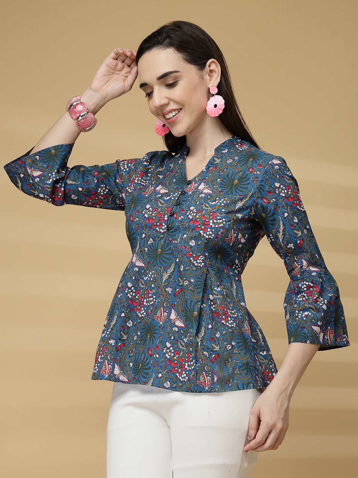 Vastraa Fusion Women Pure Cotton Printed Peplum Top with 3/4 Sleeves & V-Neck for Casual & Office Wear