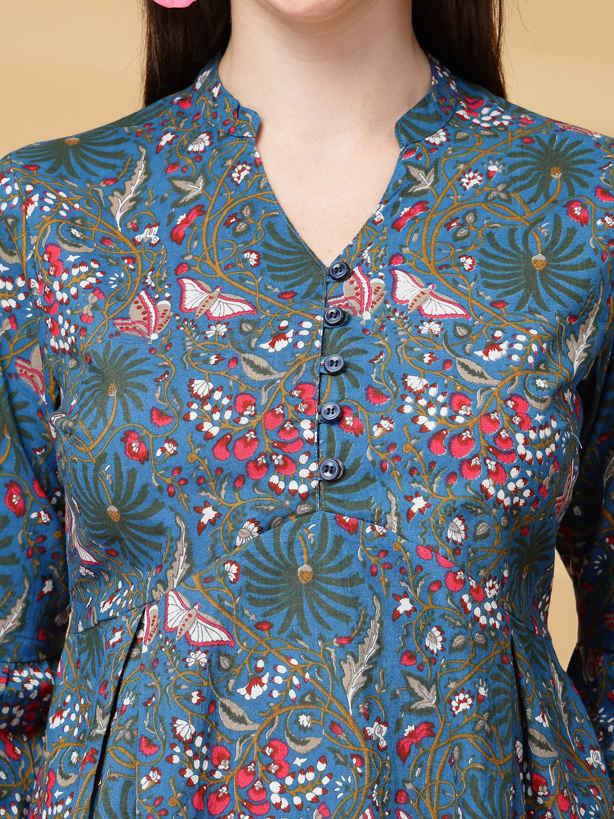 Vastraa Fusion Women Pure Cotton Printed Peplum Top with 3/4 Sleeves & V-Neck for Casual & Office Wear