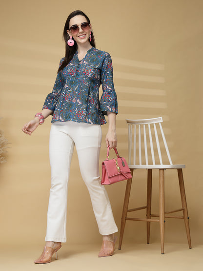 Vastraa Fusion Women Pure Cotton Printed Peplum Top with 3/4 Sleeves & V-Neck for Casual & Office Wear