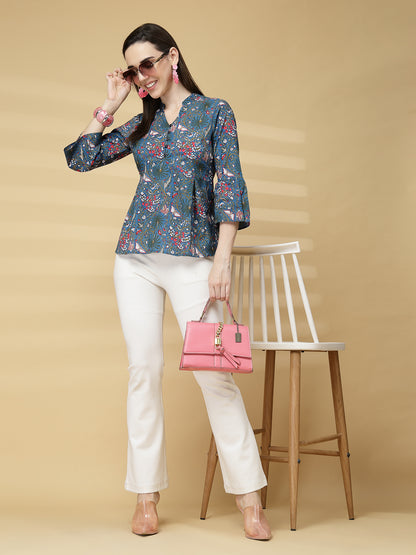 Vastraa Fusion Women Pure Cotton Printed Peplum Top with 3/4 Sleeves & V-Neck for Casual & Office Wear