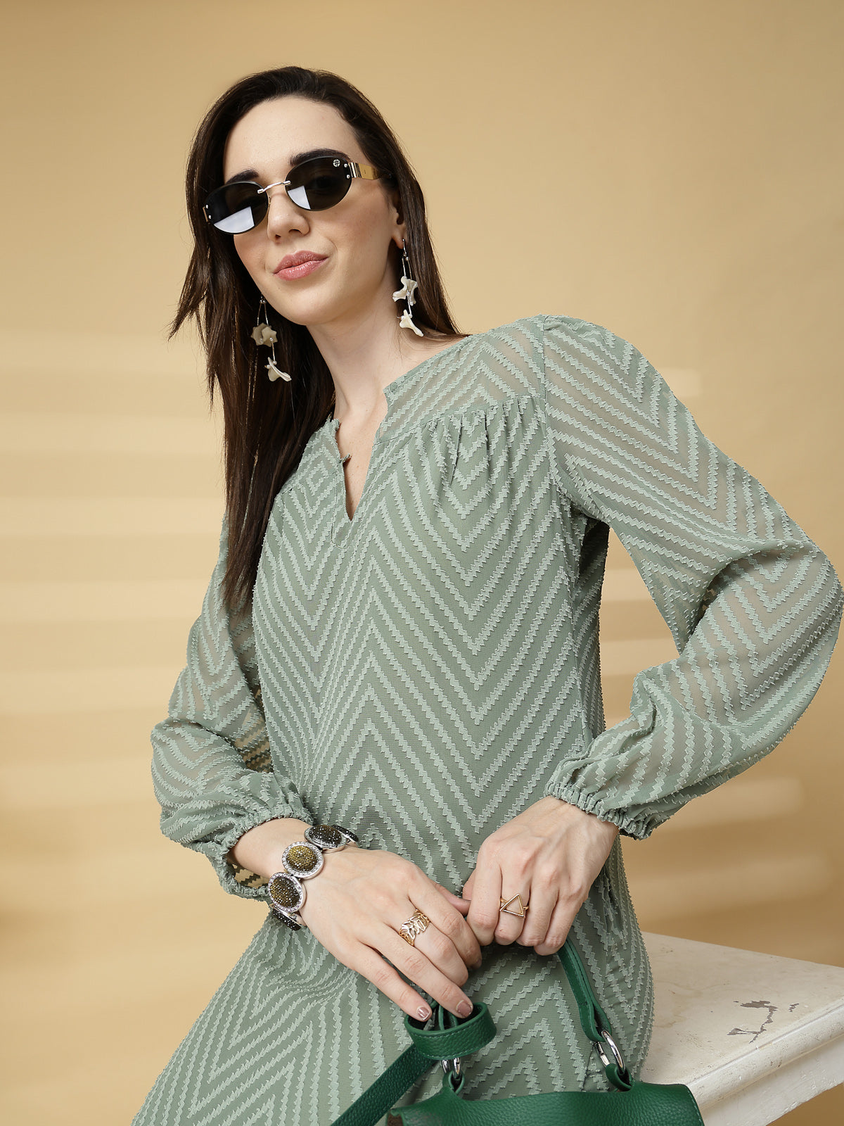 Vastraa Fusion Women's Georgette A-Line Dress with Cotton Lining Chevron Pattern