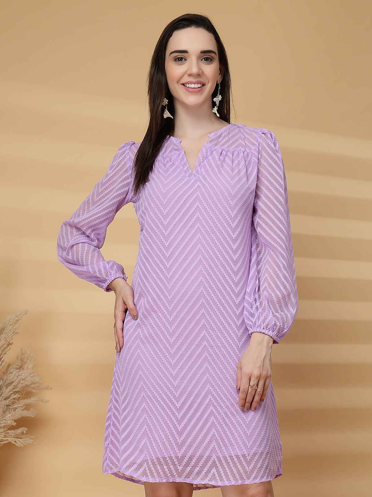 Vastraa Fusion Women's Georgette A-Line Dress with Cotton Lining Chevron Pattern