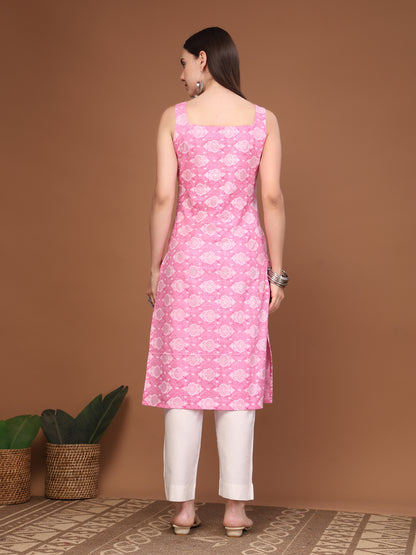 Women Floral Print Sleeveless Straight Kurti
