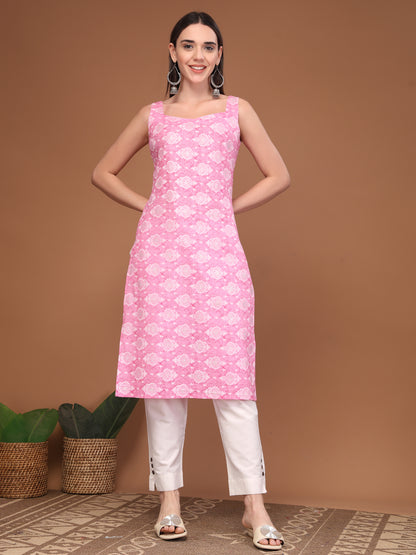 Women Floral Print Sleeveless Straight Kurti