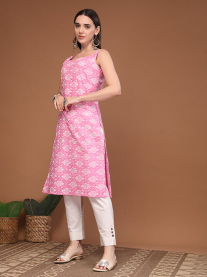 Women Floral Print Sleeveless Straight Kurti