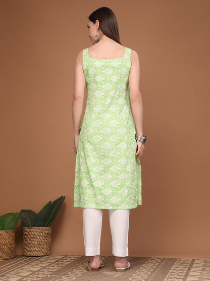 Women Floral Print Sleeveless Straight Kurti
