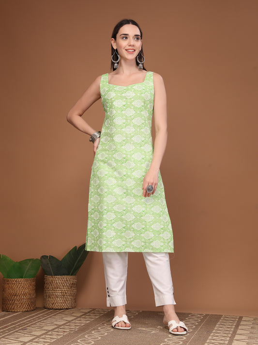 Women Floral Print Sleeveless Straight Kurti