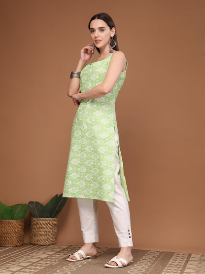 Women Floral Print Sleeveless Straight Kurti