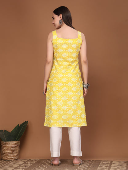 Women Floral Print Sleeveless Straight Kurti
