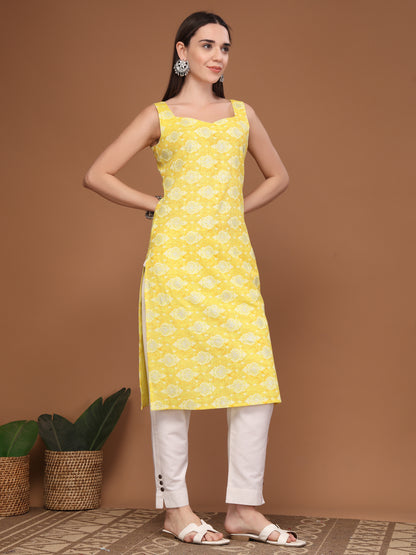 Women Floral Print Sleeveless Straight Kurti