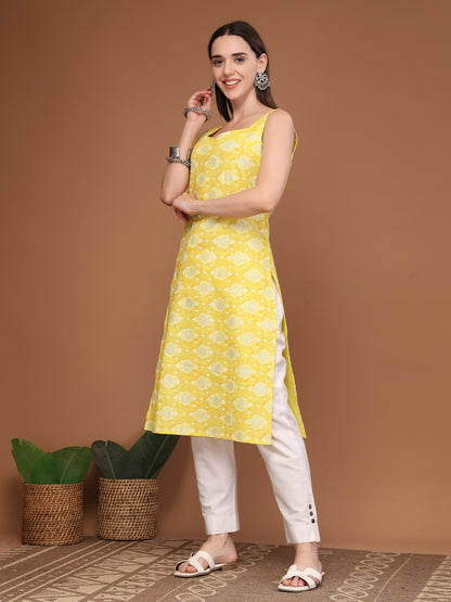 Women Floral Print Sleeveless Straight Kurti