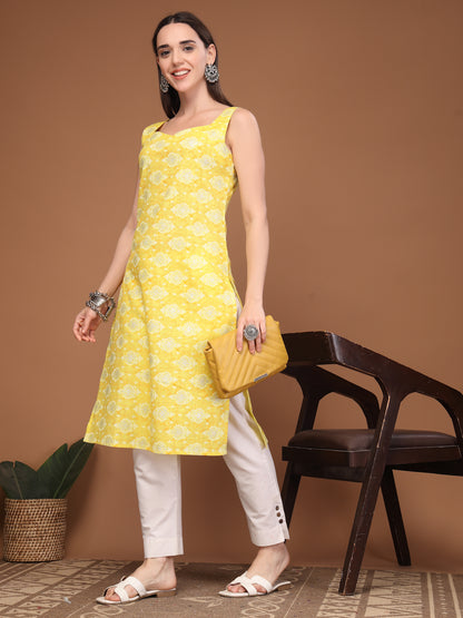 Women Floral Print Sleeveless Straight Kurti