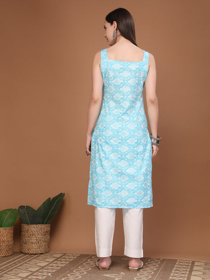 Women Floral Print Sleeveless Straight Kurti