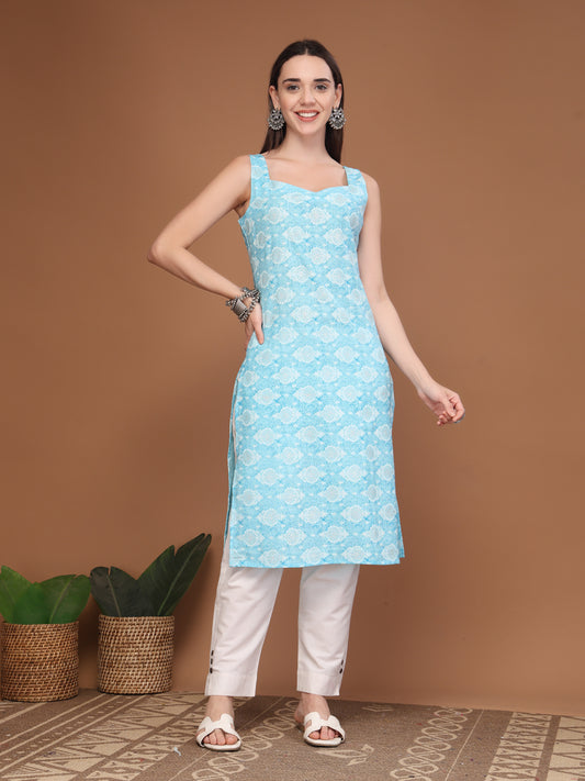 Women Floral Print Sleeveless Straight Kurti