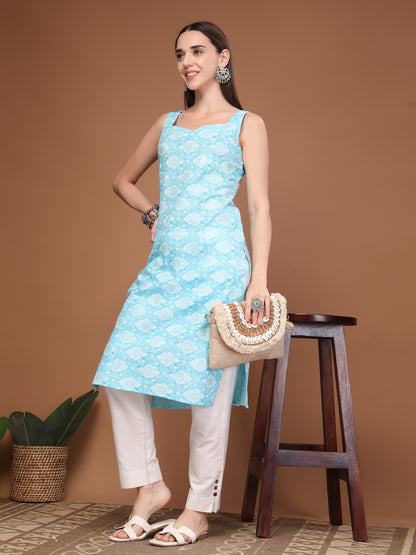 Women Floral Print Sleeveless Straight Kurti