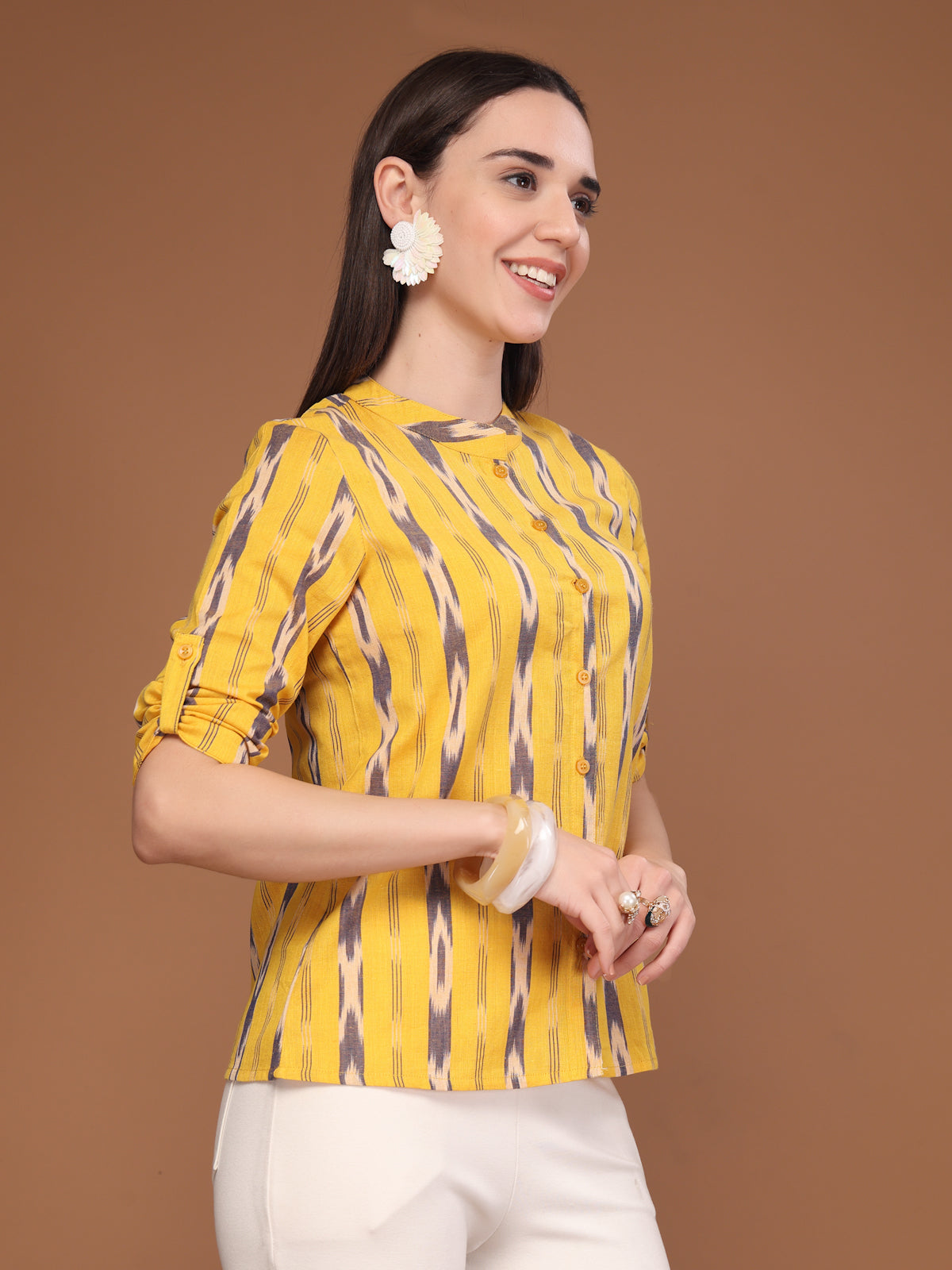 Vastraa Fusion Women's Solid Mandarin Collar 3/4 Sleeve Casual Shirt Lightweight Cotton Top