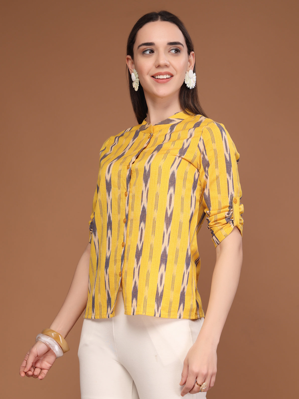 Vastraa Fusion Women's Solid Mandarin Collar 3/4 Sleeve Casual Shirt Lightweight Cotton Top