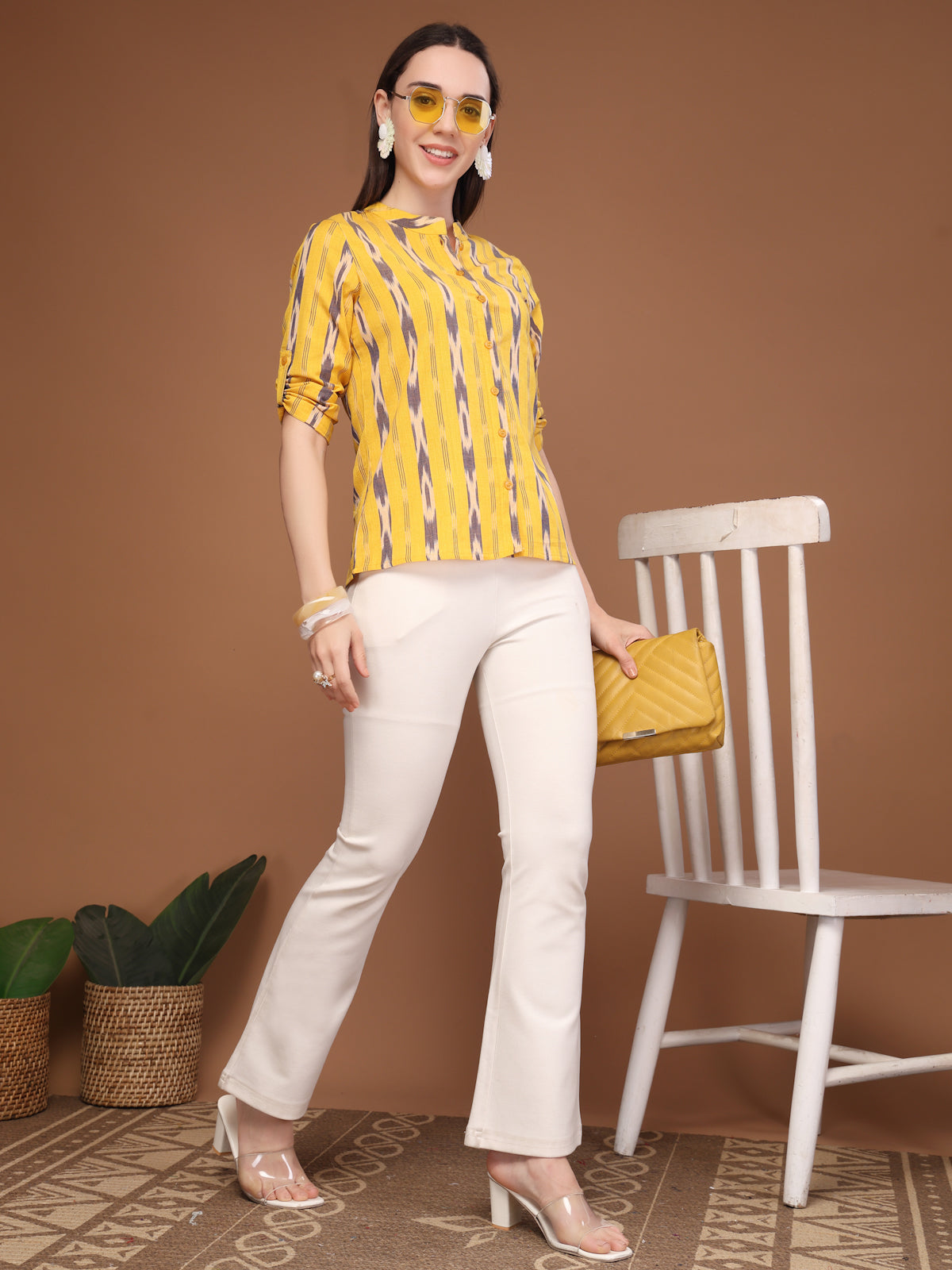 Vastraa Fusion Women's Solid Mandarin Collar 3/4 Sleeve Casual Shirt Lightweight Cotton Top
