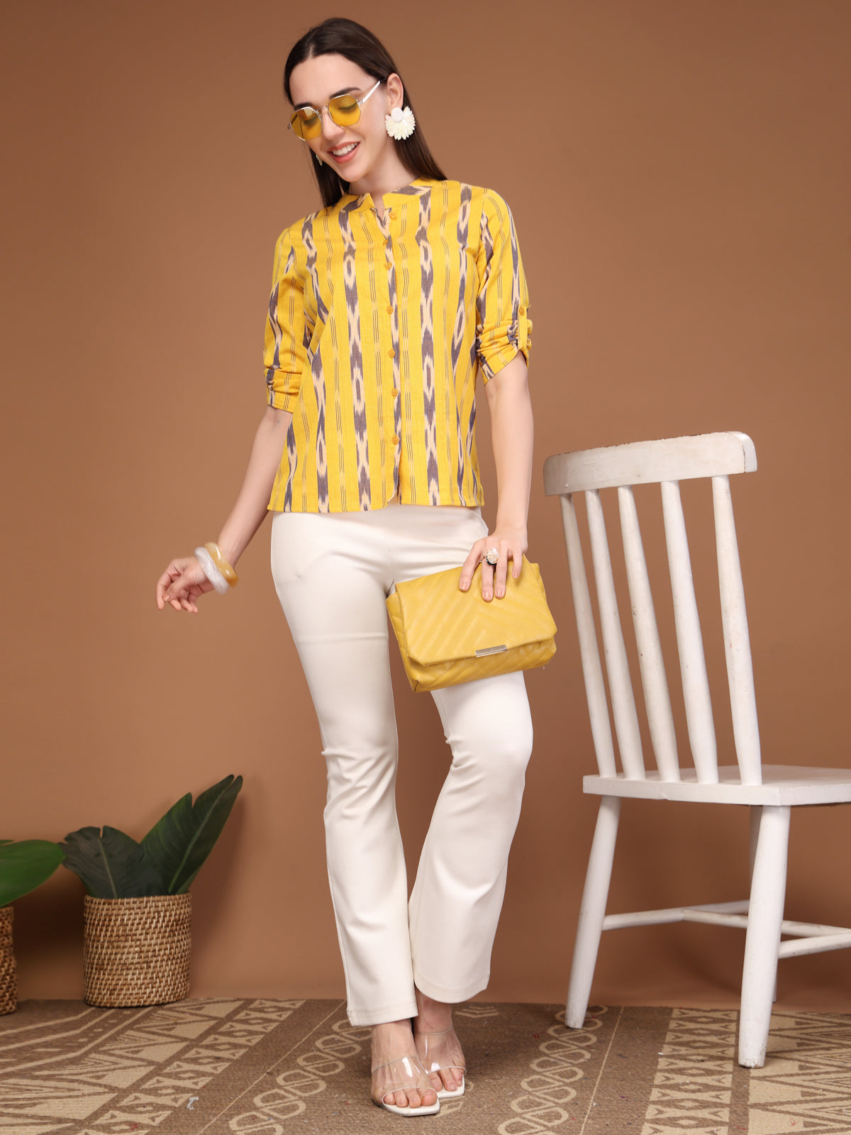 Vastraa Fusion Women's Solid Mandarin Collar 3/4 Sleeve Casual Shirt Lightweight Cotton Top