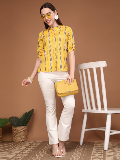 Vastraa Fusion Women's Solid Mandarin Collar 3/4 Sleeve Casual Shirt Lightweight Cotton Top